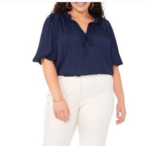 Vince Camuto Pleated Puff Sleeve Rumple Blue Blouse
